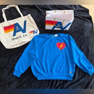 NWT Aviator Nation Bolt Heart Relaxed Crew Sweatshirt Blue Mwdium+ Tote